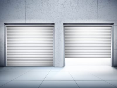 Garage with two entrances in grey color realistic composition with opening of door vector illustration