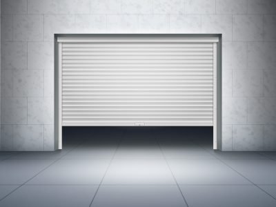 Vector illustration of garage with concrete walls and tiled gray floor and opening door, roller shutter or entrance with dark inside