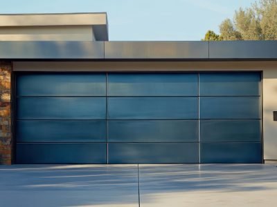 garage door with a high-gloss, metallic blue finish and streamlined design