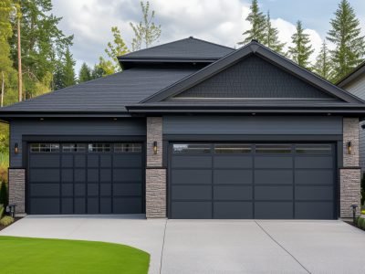 Exterior front facade new modern home exterior with garage door, residential architecture